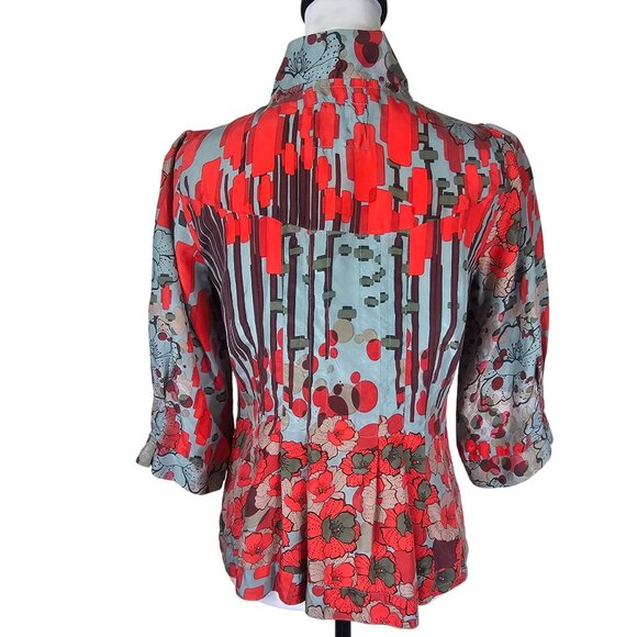 Johnny Was Floral Silk Blouse S Red Multi 3/4 Sleeves Pleated Peplum Flowy Boho - Picture 2 of 10